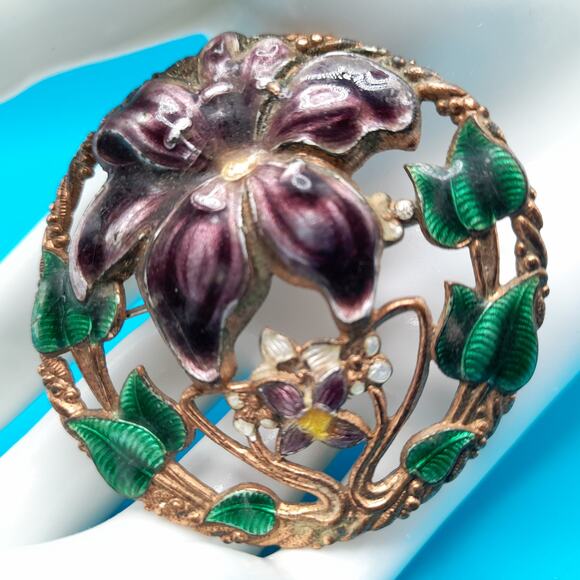 Vintage Purple Enamel Flower Brooch, Open Work, Copper, 2 1/8" - Picture 2 of 8